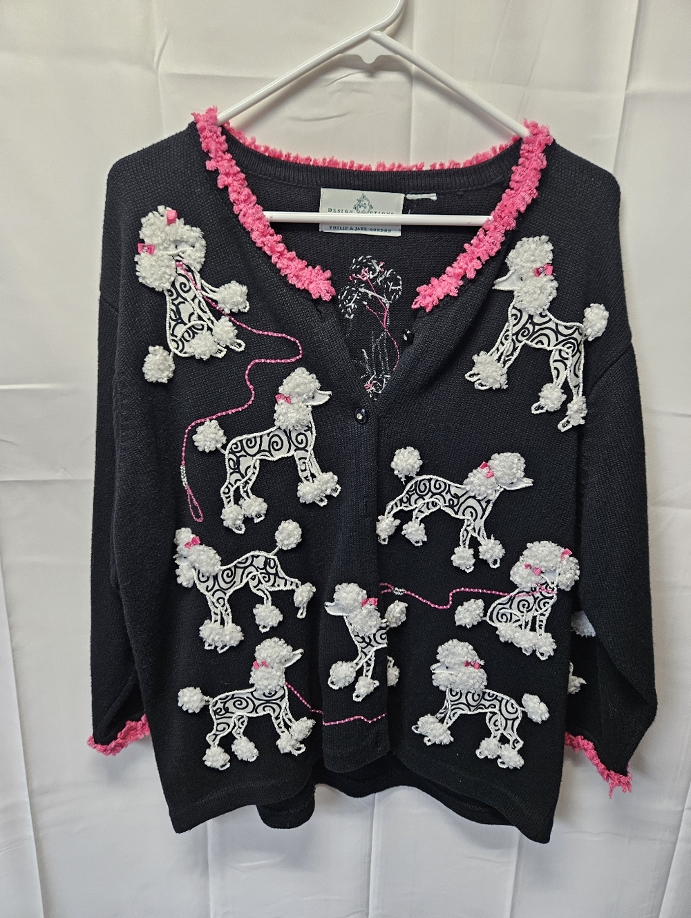 Luxury Design Options Poodle Embroidered Button Cardigan Sweater - Black & Pink